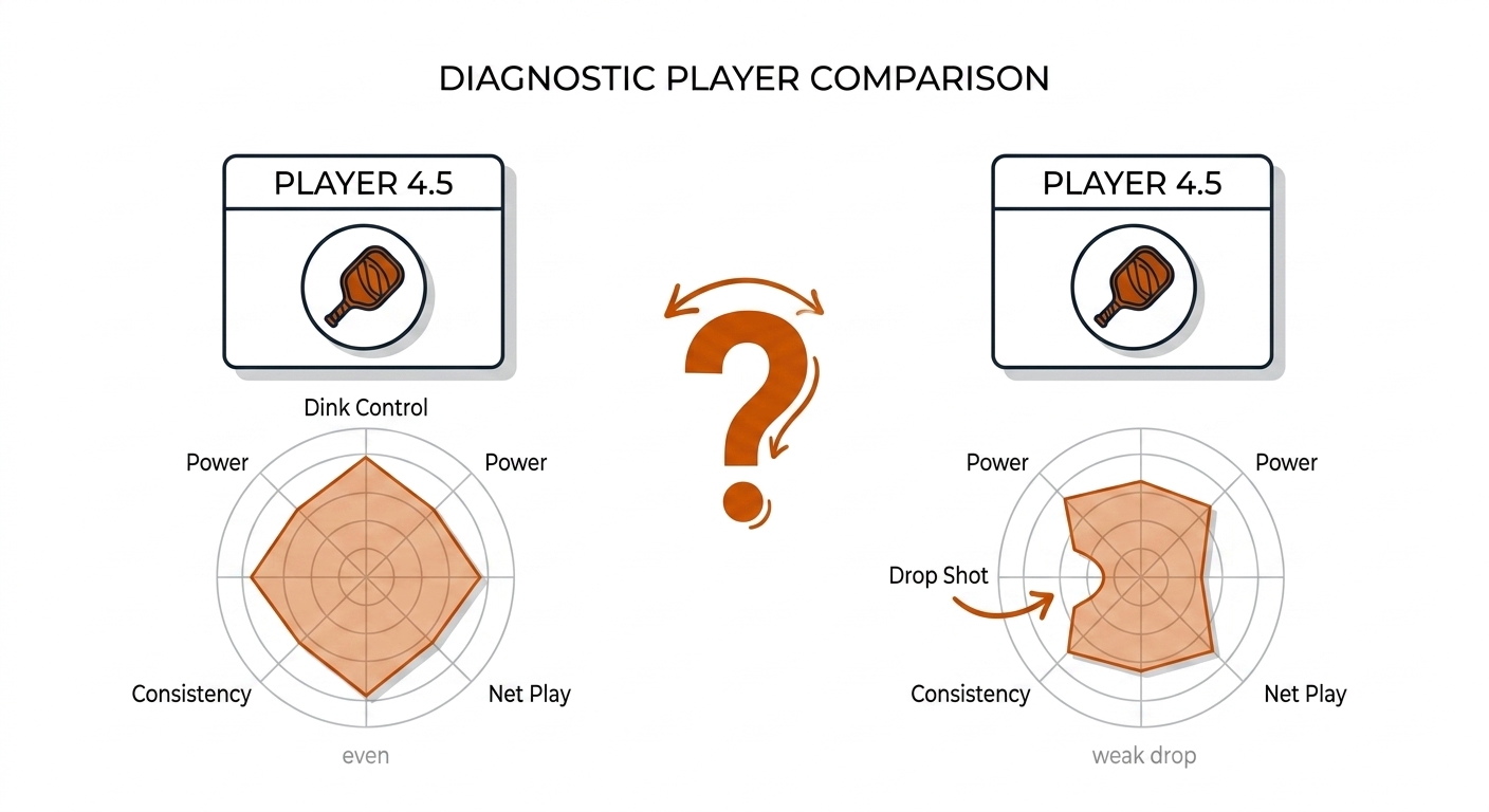 Two players with identical 4.5 ratings but different shot-quality profiles.