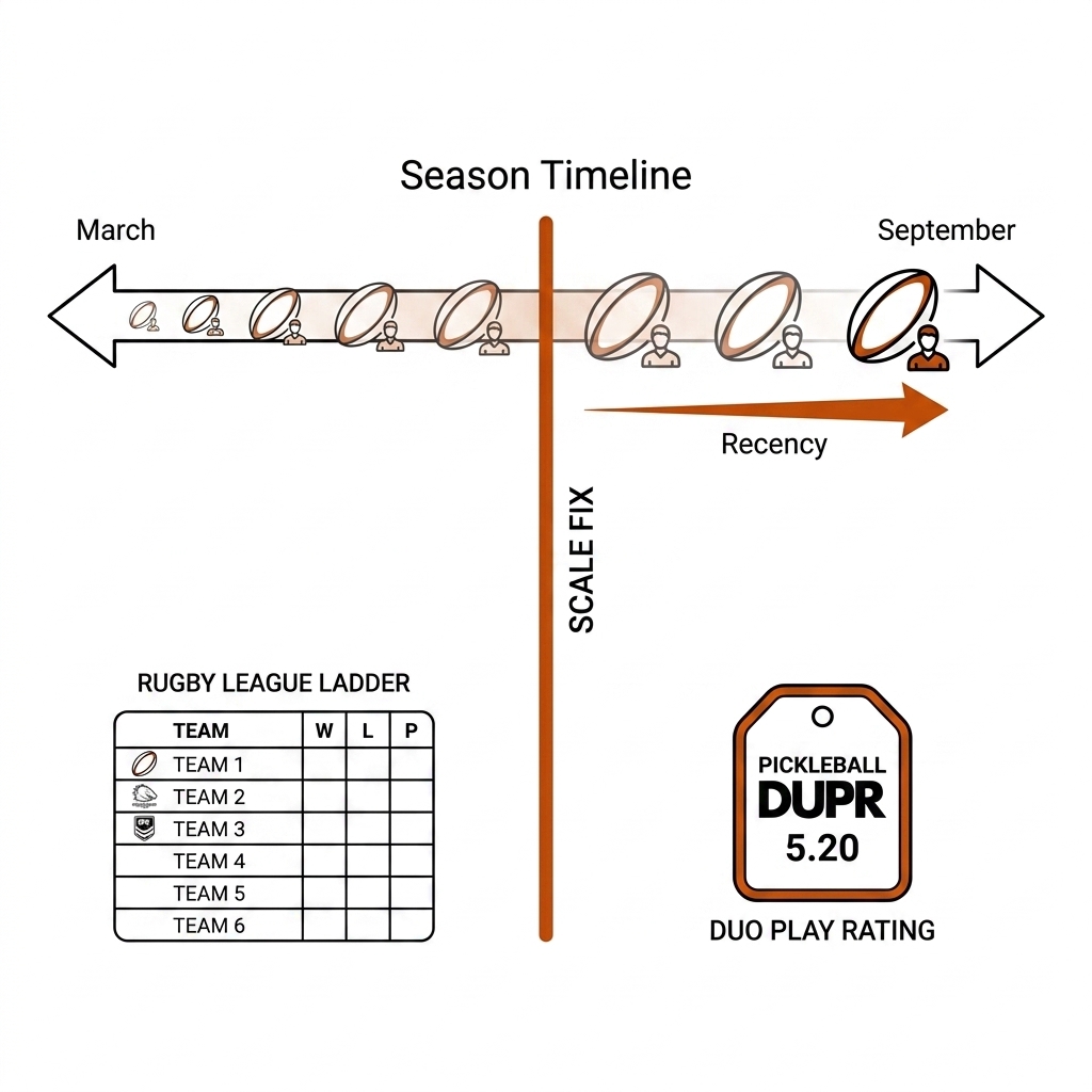 Season timeline with recency weighting and a scale-correction break.