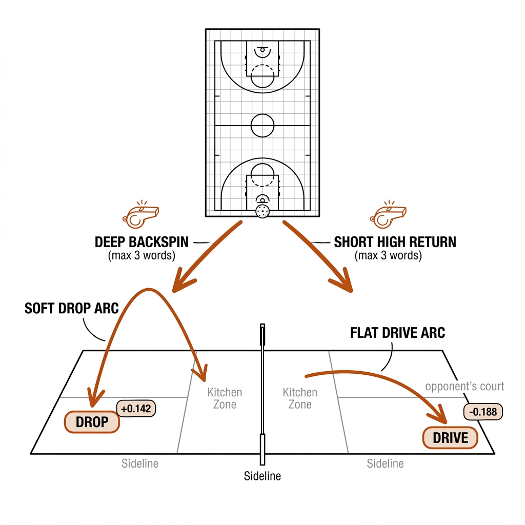 Pickleball third-shot decision tree: deep backspin return branches to the drop, short high return to the drive.