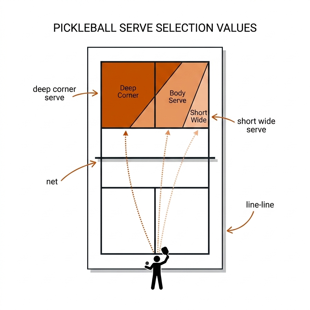 Overhead pickleball court with three serve target zones: deep corner, body, and short wide.