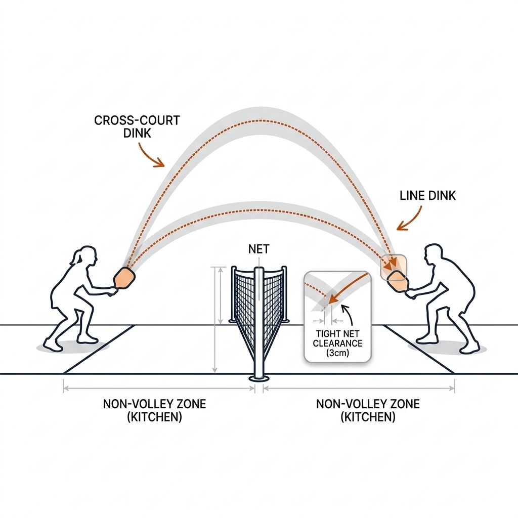 Side view of a pickleball dink exchange: safe cross-court arc versus risky down-the-line arc.