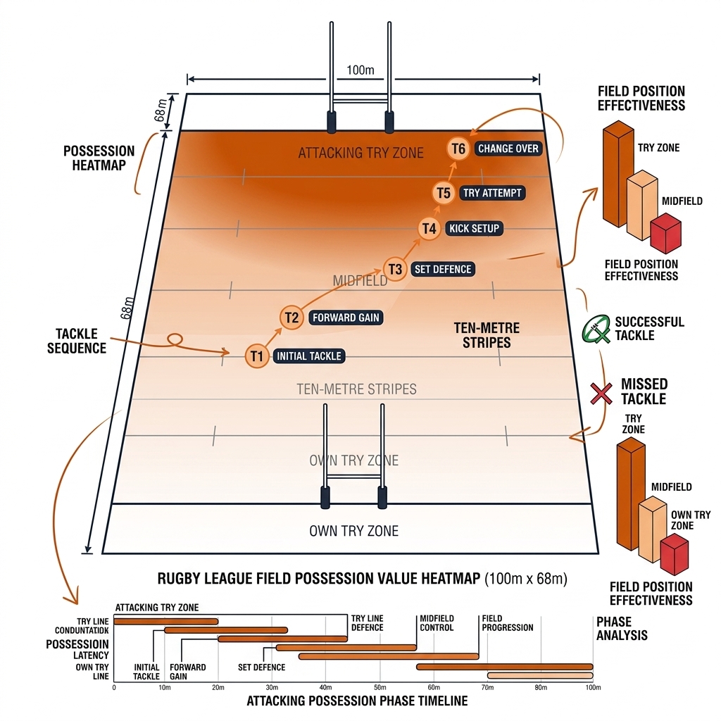 Rugby league field with possession-value zones climbing toward the attacking try line.