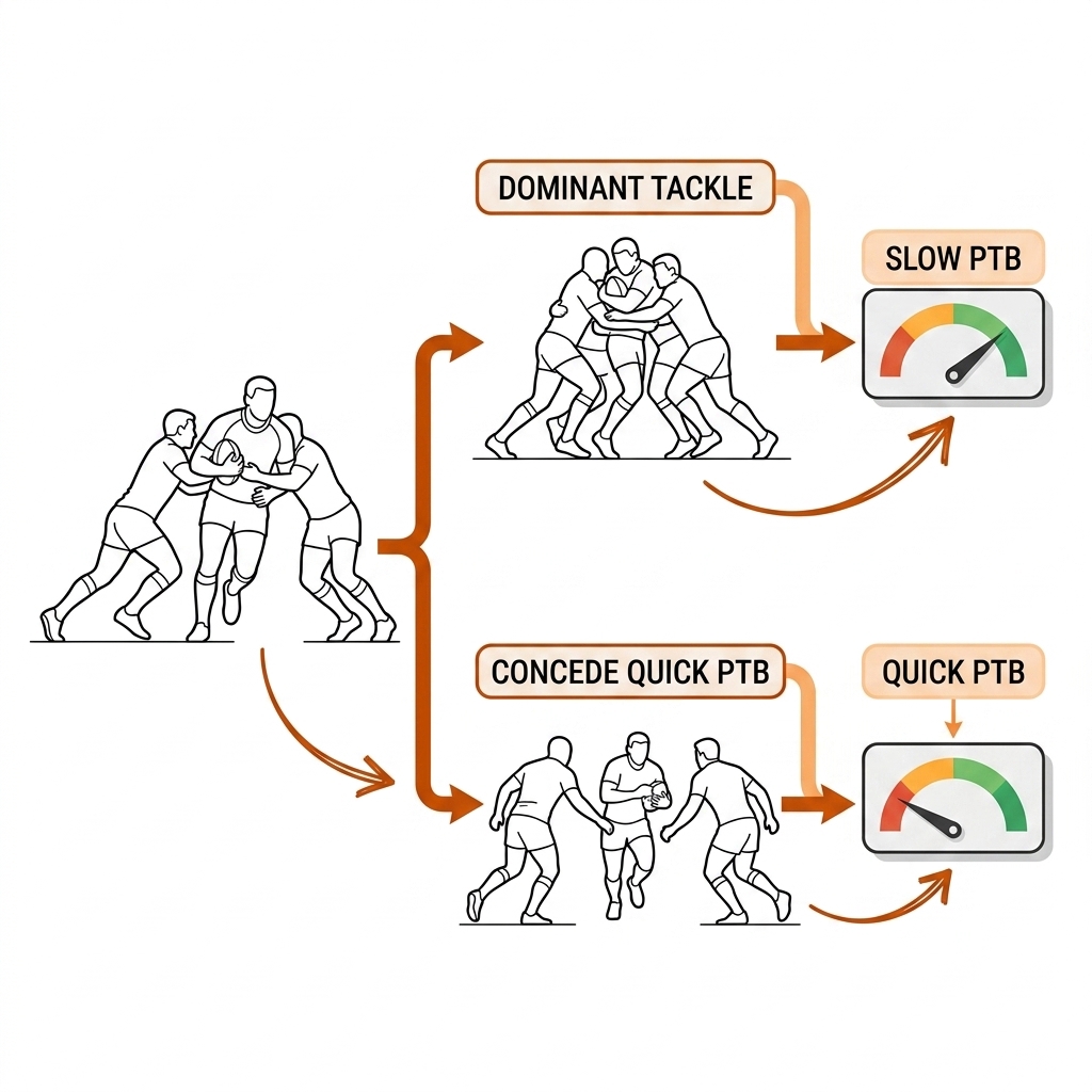 Rugby league tackle with two branches: dominant slow play-the-ball versus conceded quick play-the-ball.