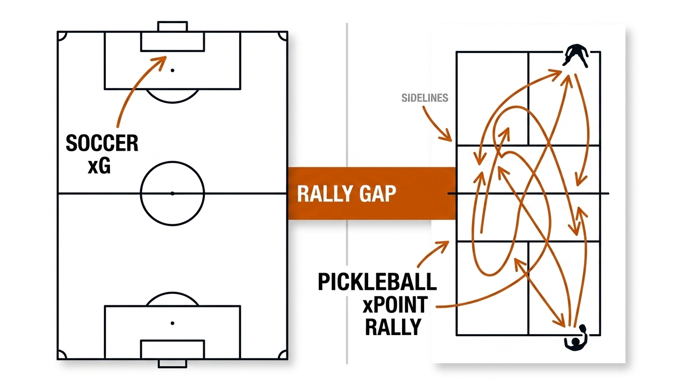 Soccer pitch with a shot-to-goal arc on the left, pickleball court with a rally exchange on the right, and a gap bridge between them.