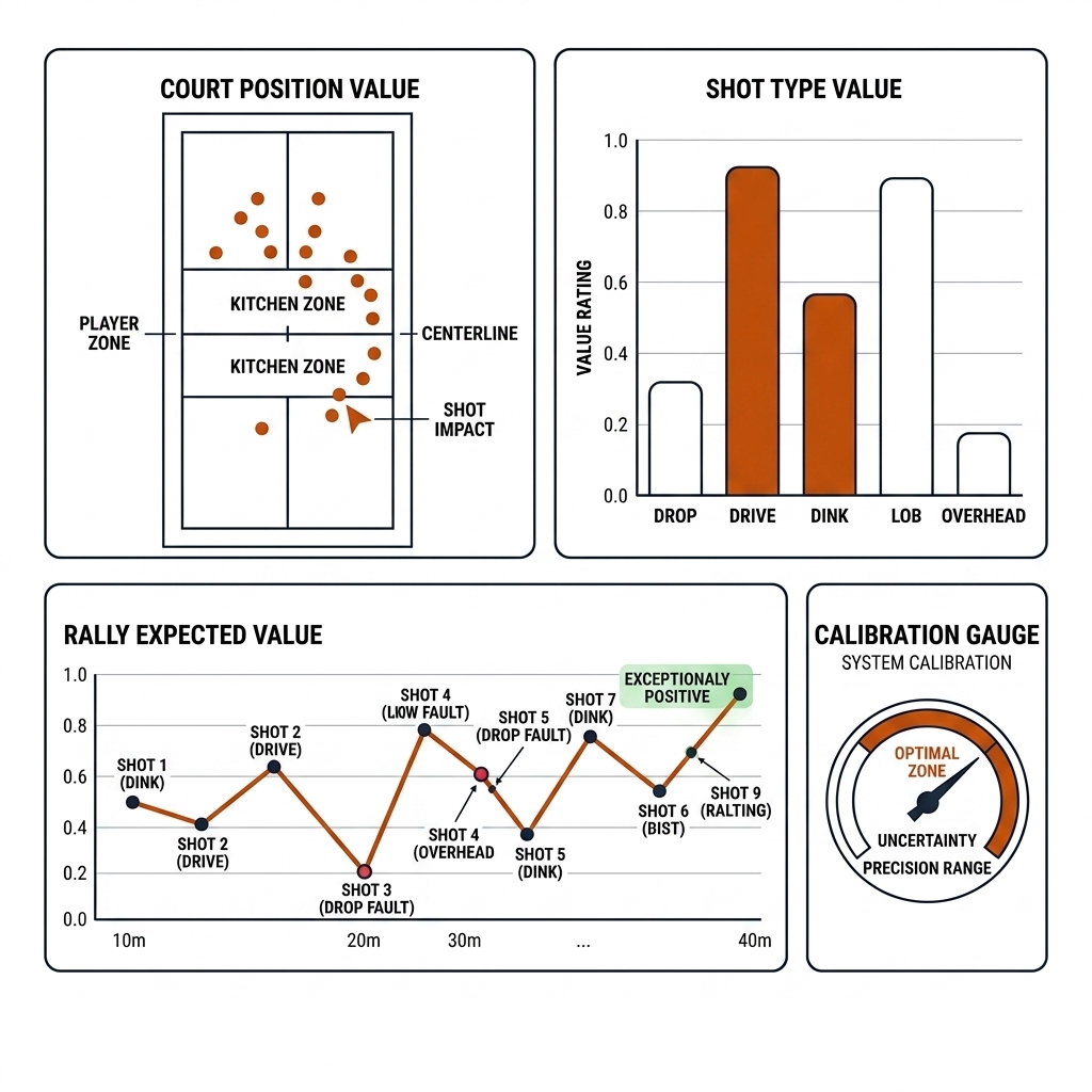 Coach dashboard with a court value minimap, a value-per-shot-type bar chart, a running EPV line, and a calibration gauge.