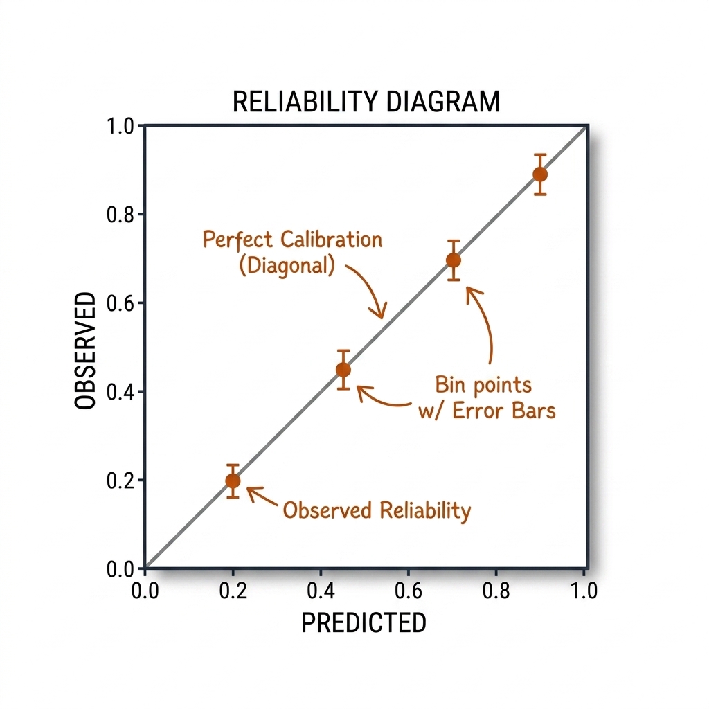 Reliability diagram: predicted probability against observed frequency, four bin points hugging the diagonal.