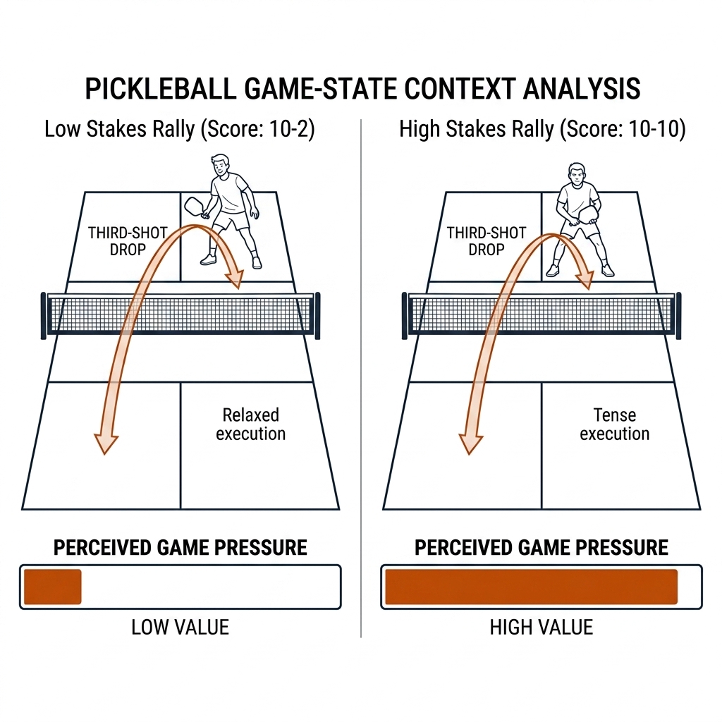 Two pickleball rally panels, one at 10-2 and one at 10-10, with different value bars under the identical third-shot drop.