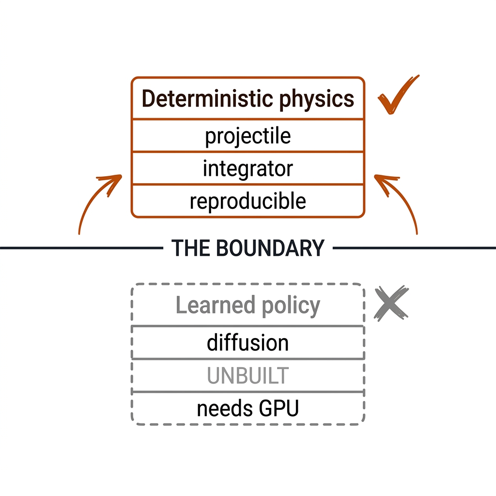 Boundary diagram: deterministic physics above the line, learned policy below, marked unbuilt.