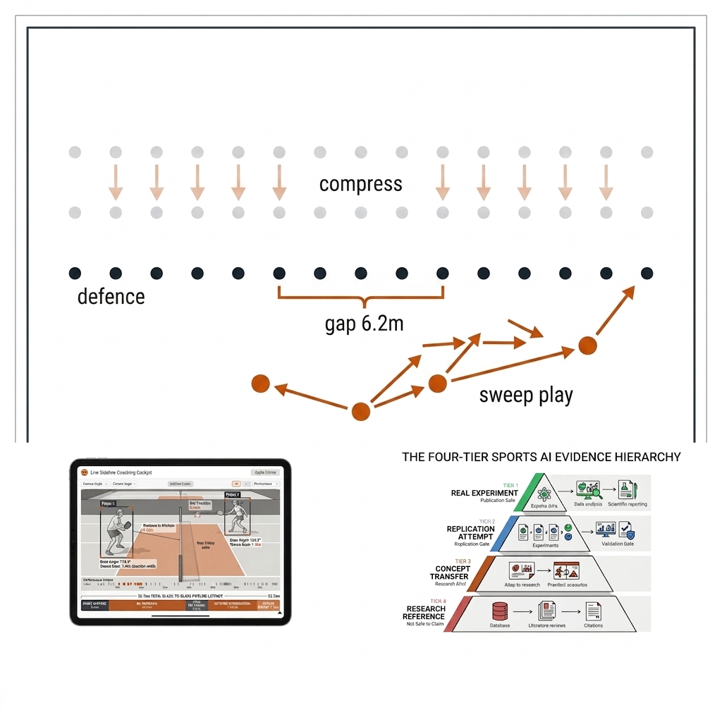 Top-down rugby league pitch with a 13-man defensive line, an attacking sweep toward a highlighted 6.2m edge gap, and a faded compressed line above.