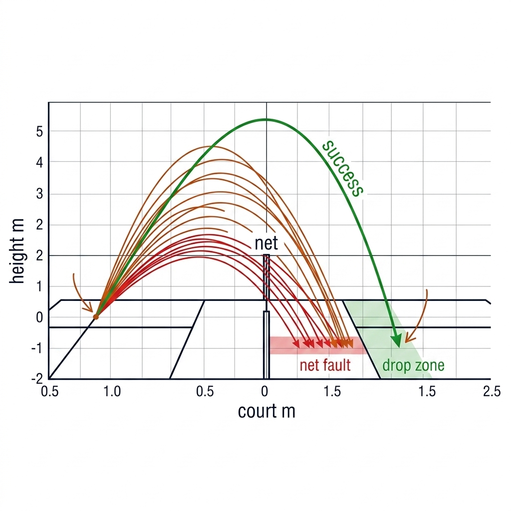 Side view of a pickleball court with a fan of parabolic third-shot trajectories, most ending in the net, one bold success arc landing in the drop zone.