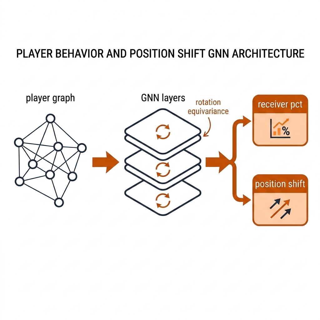 Player graph feeding equivariant GNN layers, branching to receiver-probability and position-shift outputs.
