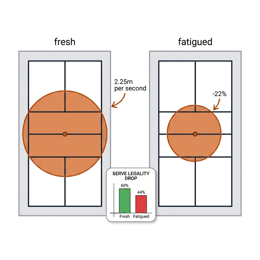Two pickleball court diagrams side by side comparing fresh and fatigued coverage circles, with a small serve-legality bar chart inset.