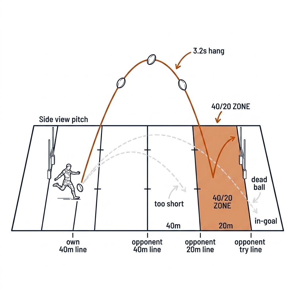 Side view of a rugby league pitch with a 40/20 kick arc landing in a highlighted band, with too-short and dead-ball failure arcs faded.