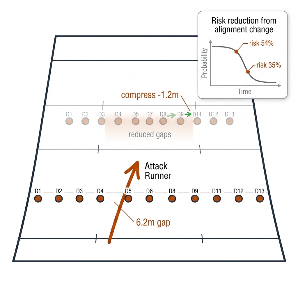 Top-down rugby league pitch with a defensive line, an attacker arrow piercing a highlighted edge gap, a faded compressed line, and a small risk curve inset.