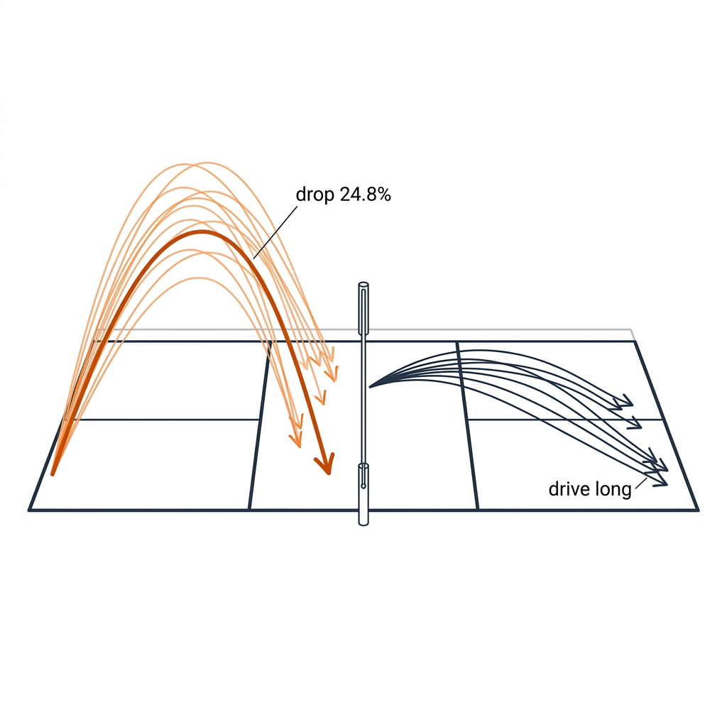 Side view of a pickleball court with a fan of drop trajectories on one side and flat drive trajectories on the other.