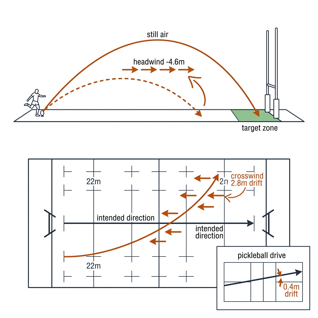 Rugby kick arcs in still air versus headwind, plus a top-down crosswind drift panel and a small pickleball court inset.
