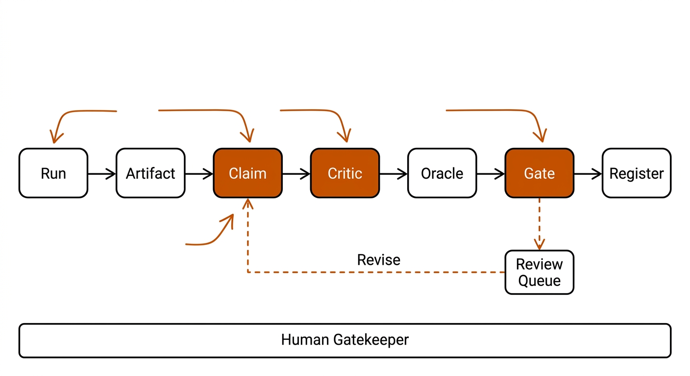 The agent loop: Run, Artifact, Claim, Critic, Oracle, Gate, Register with a reject path to the review queue and a revise loop back to Claim.