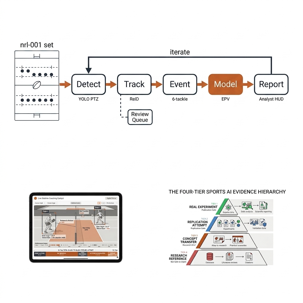 Rugby league agent workflow: from an nrl-001 broadcast pitch view through Detect, Track, Event, Model, Report stages with a review queue drop and an iterate loop.