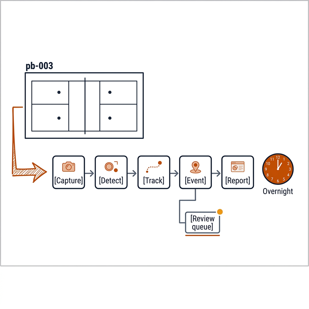 Automated pickleball rally run: a pb-003 court plan view feeding a Capture, Detect, Track, Event, Report pipeline with a review queue drop and an overnight clock badge. Recreate: white background, black linework, burnt-orange accents.