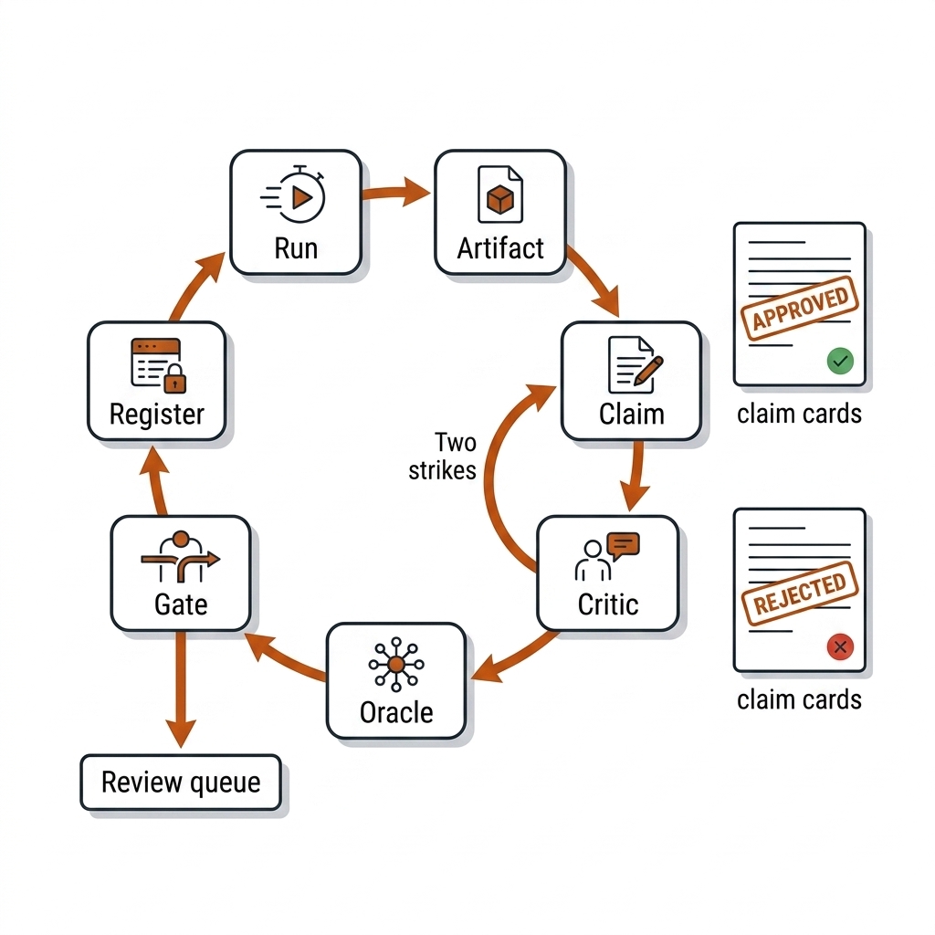 The production agent loop: Run, Artifact, Claim, Critic, Oracle, Gate, Register stages in a cycle, with a bounded two-strike revise edge and a reject drop to the review queue; an approved stamp and an overclaim stamp beside two example claims. Recreate: white background, black linework, burnt-orange accents.