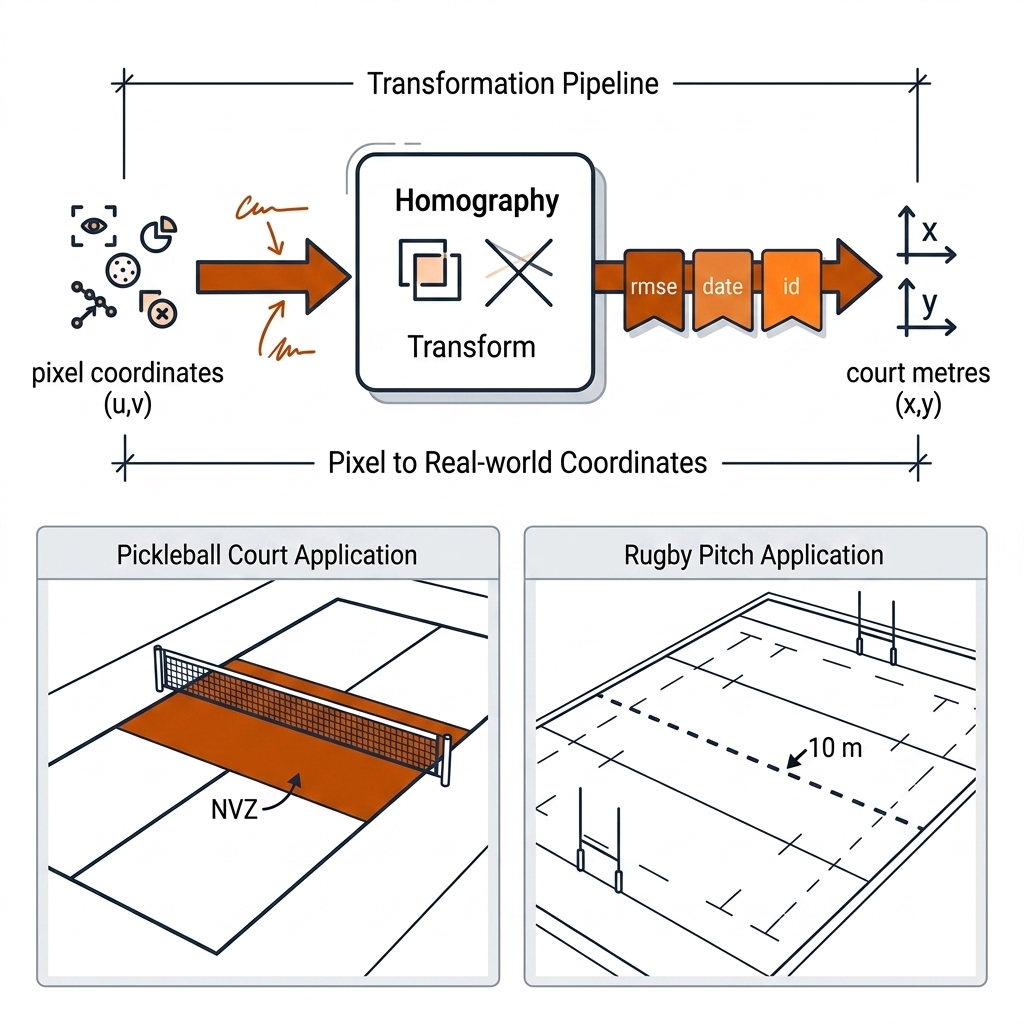 The MCP coordinate contract: pixel coordinates u,v entering a transform box and emerging as court metres x,y with homography id, rmse, and calibration date badges; a pickleball NVZ zone and a rugby 10 metre line as consumers. Recreate: white background, black linework, burnt-orange accents.