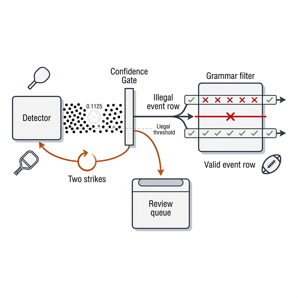 Error handling path: a detector box emitting faint ball detections with a 0.1125 confidence badge, a confidence gate diverting them to a review queue, a two-strike retry loop, and a grammar filter blocking an illegal event row. Recreate: white background, black linework, burnt-orange accents.