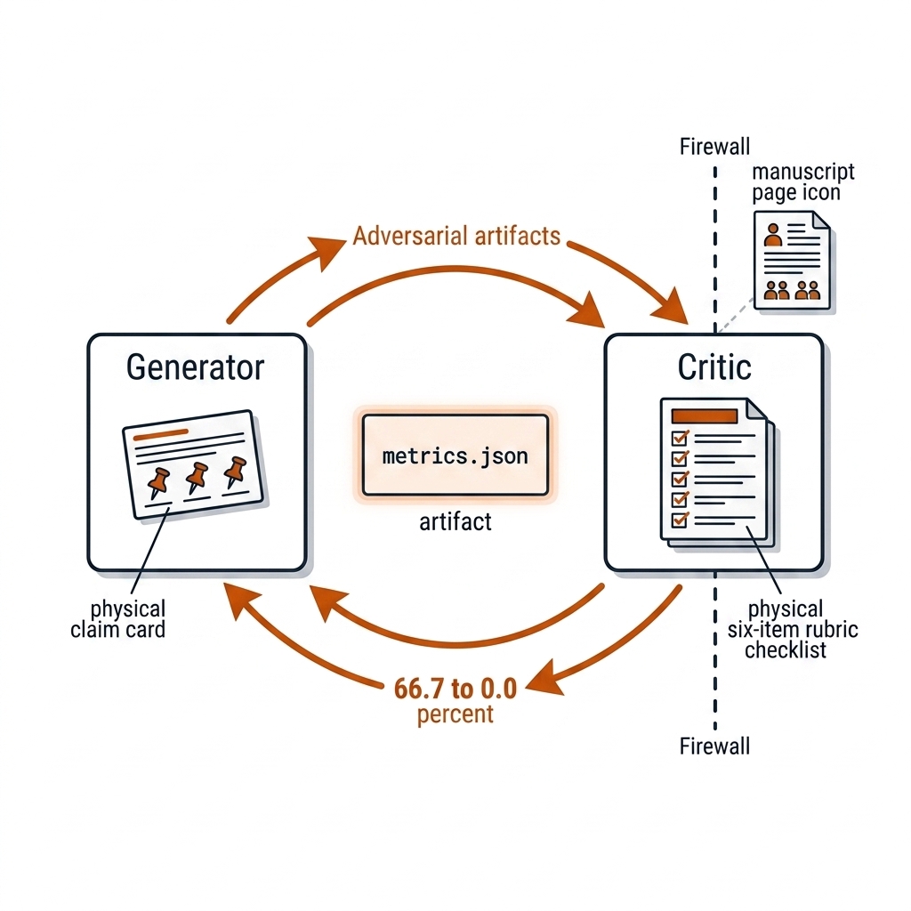 Generator and critic agents facing each other over a metrics artifact: the generator holds a claim card with evidence refs, the critic holds a six-point rubric checklist, and a context firewall separates them from the manuscript. Recreate: white background, black linework, burnt-orange accents.