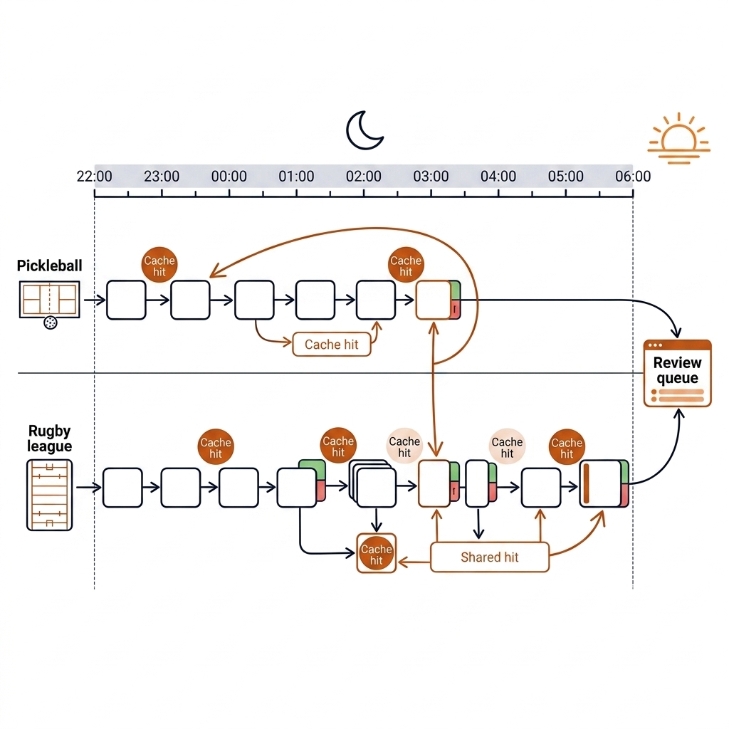 Overnight batch schedule: a night timeline from 22:00 to 06:00 with two job lanes — a pickleball session and an NRL match — each a chain of recipe stages, cache-hit badges on shared stages, and a morning review queue at the right edge. Recreate: white background, black linework, burnt-orange accents.