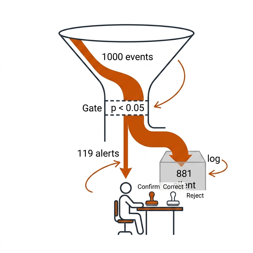 The human gate: a funnel narrowing 1000 events to 119 alerts through a p less than 0.05 filter, a human figure with confirm, correct, and reject stamps, and a silent log collecting the 881 routine events. Recreate: white background, black linework, burnt-orange accents.