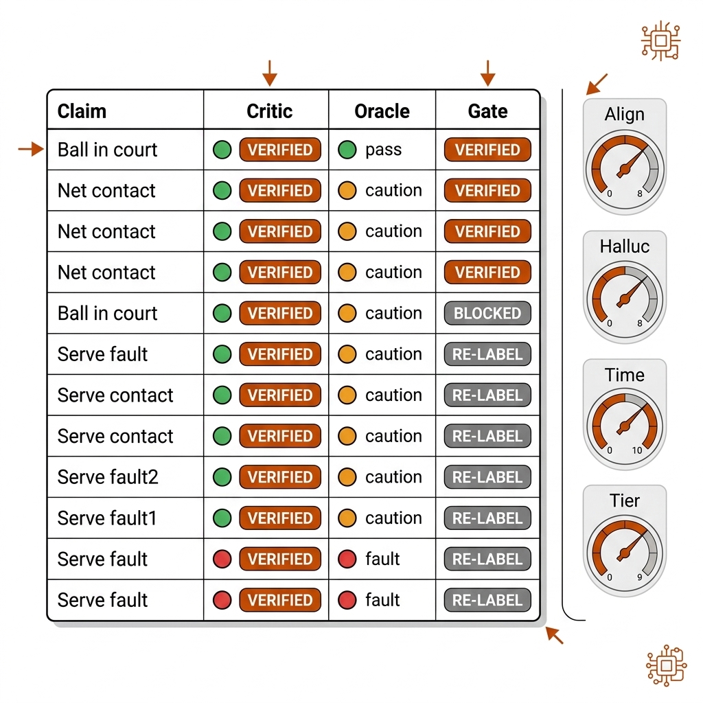 The claims register as observability: a ledger table of claim rows with critic, oracle, and gate status columns, VERIFIED, BLOCKED, and RE-LABEL badges, and a sidebar of four KPI gauges. Recreate: white background, black linework, burnt-orange accents.