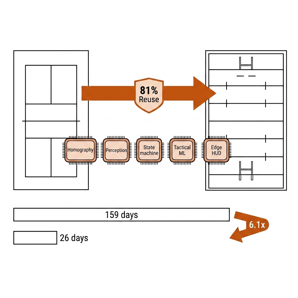 The compounding replay: five reusable module chips moving from a pickleball court to a rugby league pitch with an 81 percent reuse badge, and two horizontal bars showing 159 days shrinking to 26 days with a 6.1 times arrow. Recreate: white background, black linework, burnt-orange accents.
