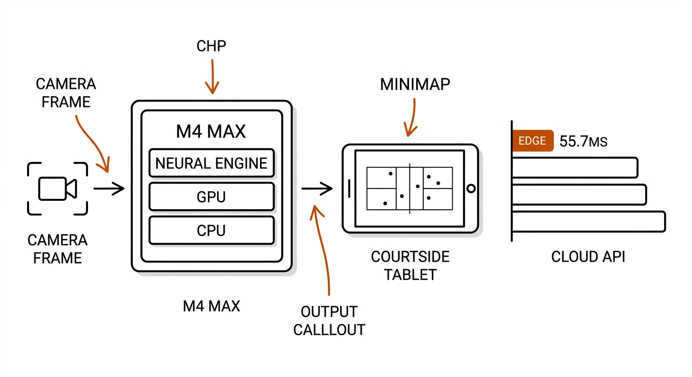 M4 Max edge pipeline: camera frame through Neural Engine, GPU and CPU lanes to a courtside tablet, with a latency bar chart of edge 55.7ms versus cloud APIs.