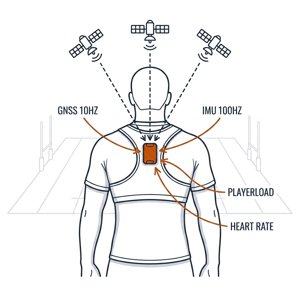 Rugby league player wearing a GPS vest: pod between shoulder blades, GNSS satellite links, IMU 100Hz and PlayerLoad callouts.