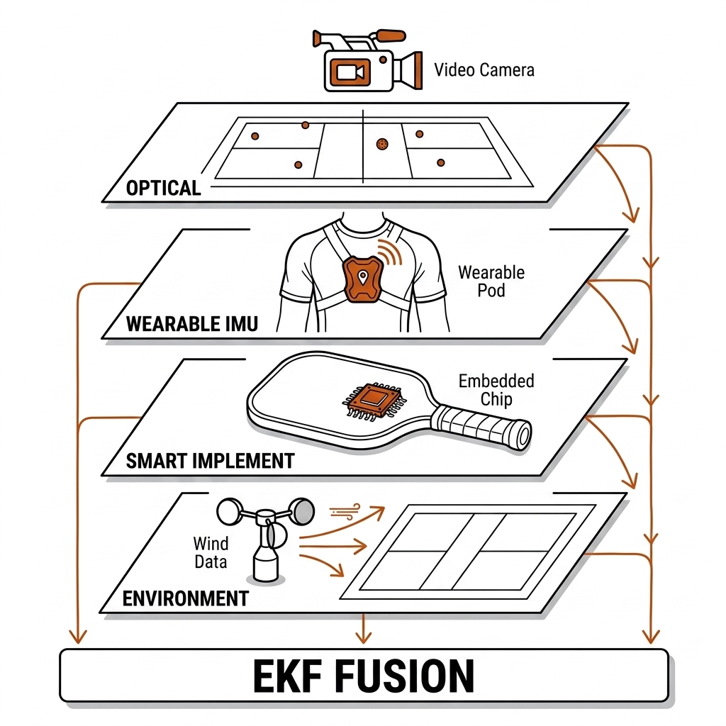 Four-tier sensor hierarchy: optical, wearable IMU, smart implement, and environmental layers feeding an EKF fusion base.