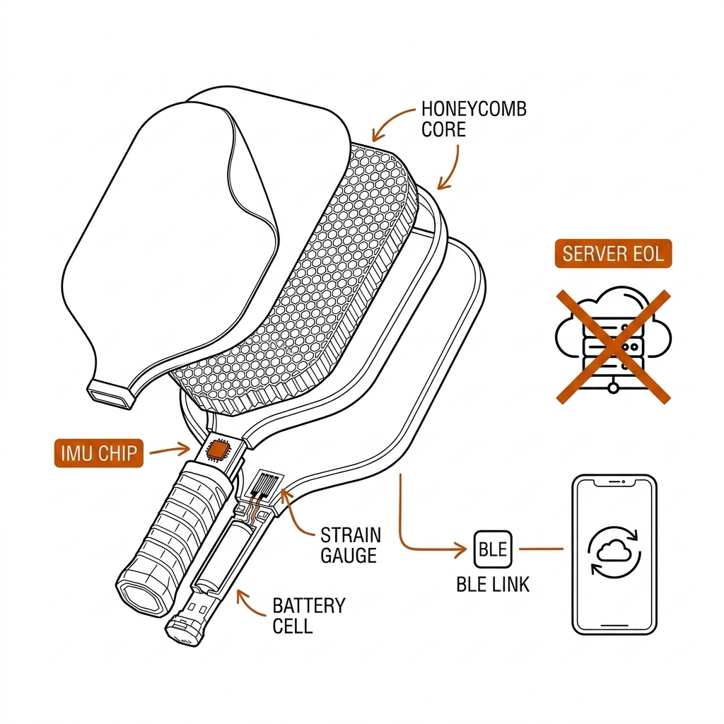Exploded cross-section of a smart pickleball paddle: IMU chip, strain gauges, honeycomb core, Bluetooth link, crossed-out cloud server.