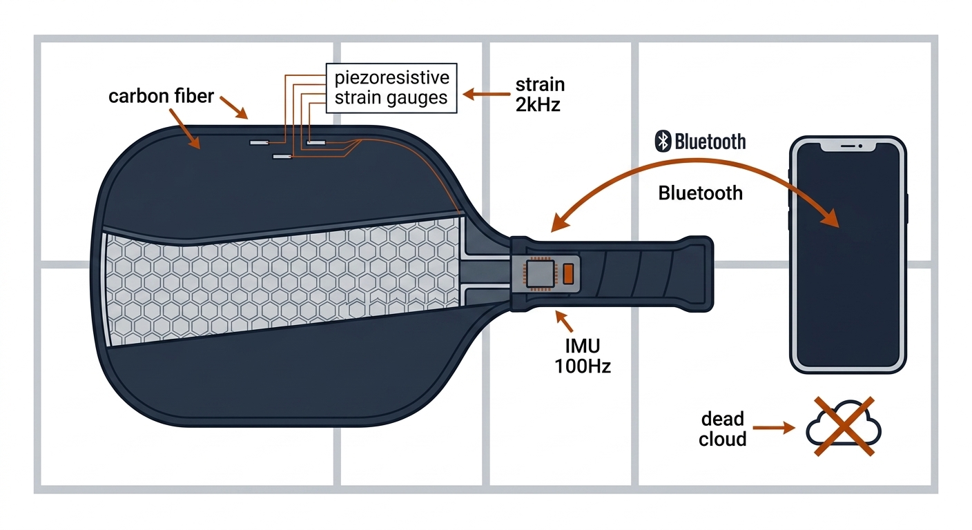 Smart pickleball paddle with handle IMU and face strain gauges, Bluetooth link, and crossed-out cloud server.