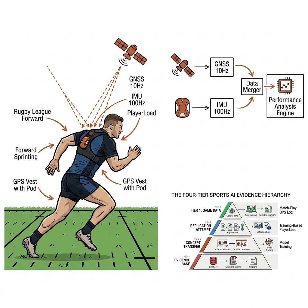 Rugby league player in GPS vest with pod between shoulder blades, GNSS satellite links, IMU and PlayerLoad callouts.