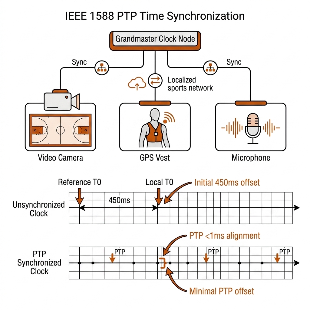 PTP grandmaster clock synchronizing a camera, GPS vest and microphone, with a drift-corrected timeline.