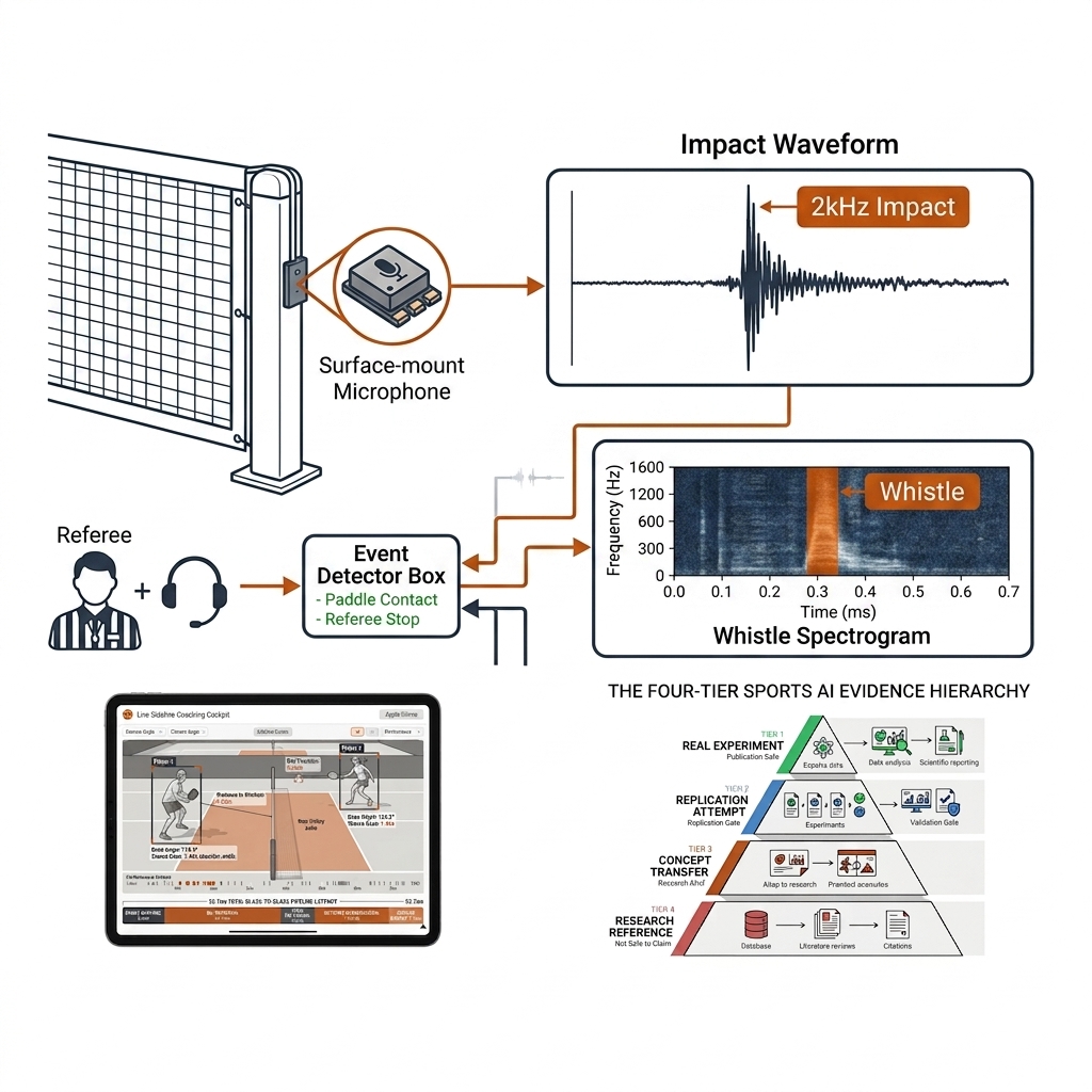 Microphone at net post capturing a 2 kHz paddle impact waveform and a narrowband whistle spectrogram feeding an event detector.