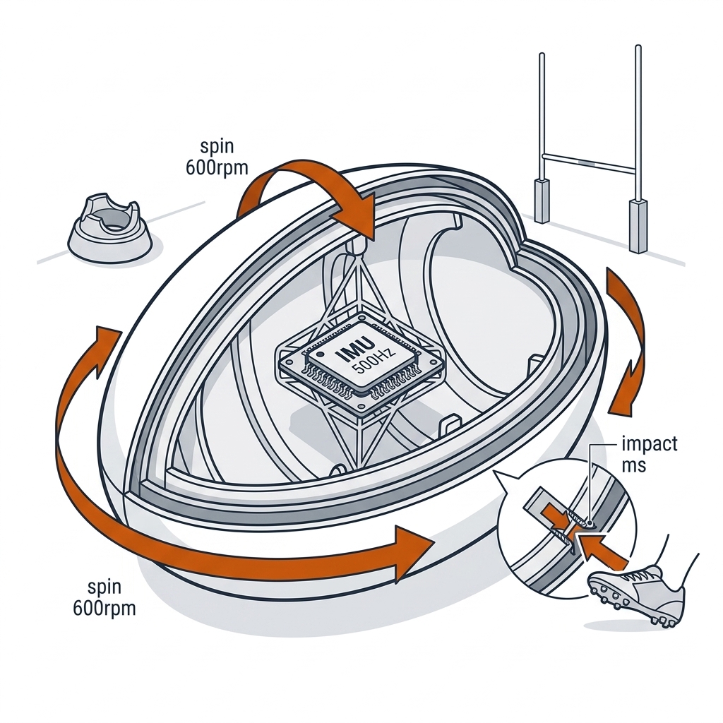 Smart rugby ball cross-section with suspended IMU chip, spin arrows, kicking tee and goal posts.