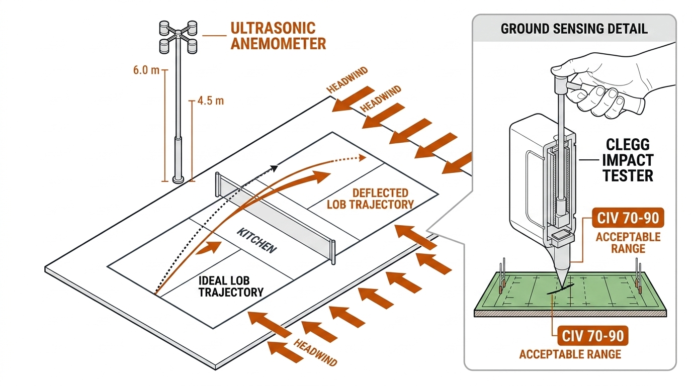 Ultrasonic anemometer measuring wind over a pickleball court with a deflected lob, and a Clegg impact tester on a rugby pitch.