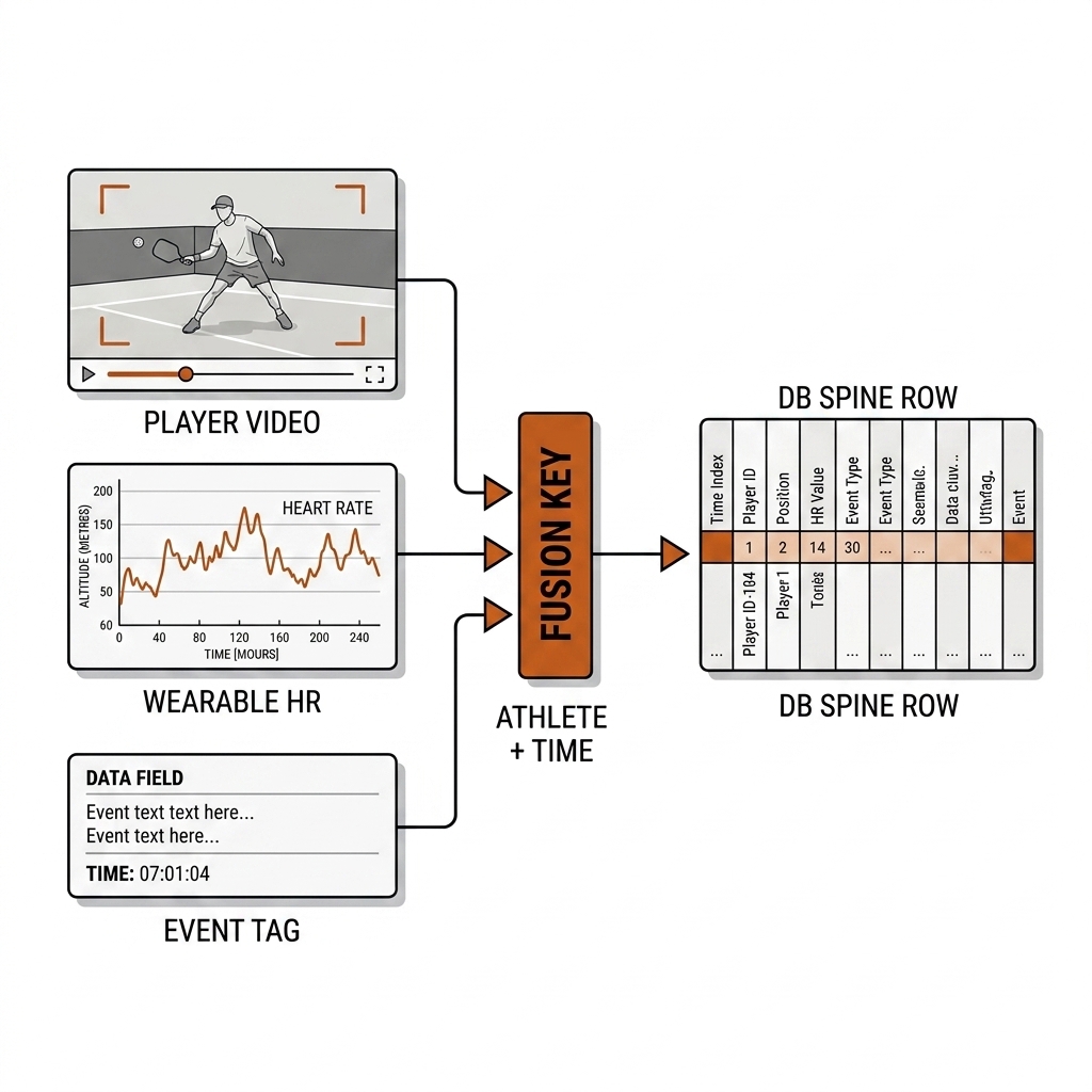 Three streams — video frame, wearable heart-rate line, event tag — joining on athlete plus timestamp into one spine table row.