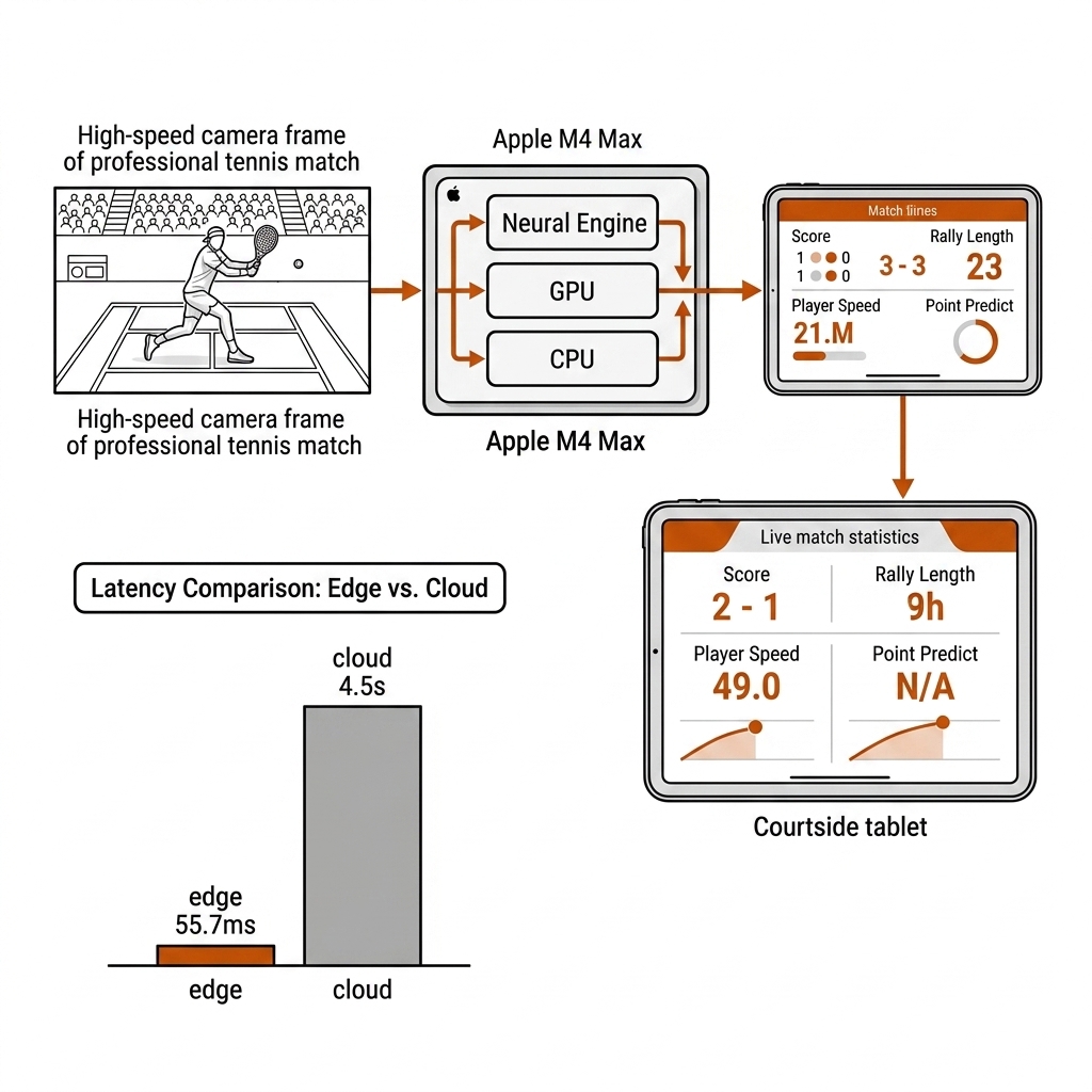 M4 Max edge pipeline with Neural Engine, GPU and CPU lanes feeding a courtside tablet, latency bar versus cloud cost bar.
