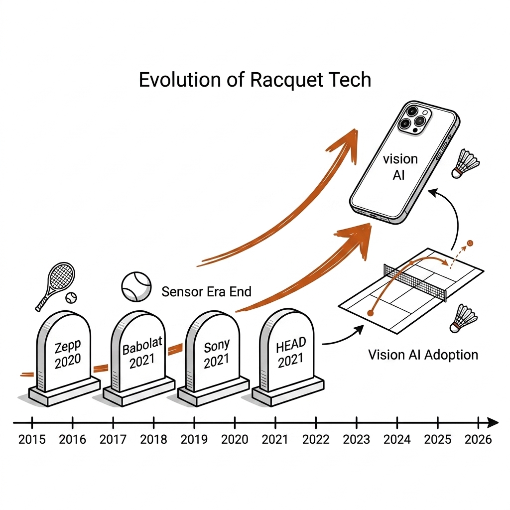 Timeline of dead racquet sensors as gravestones 2015-2021 with phone vision AI rising above them.