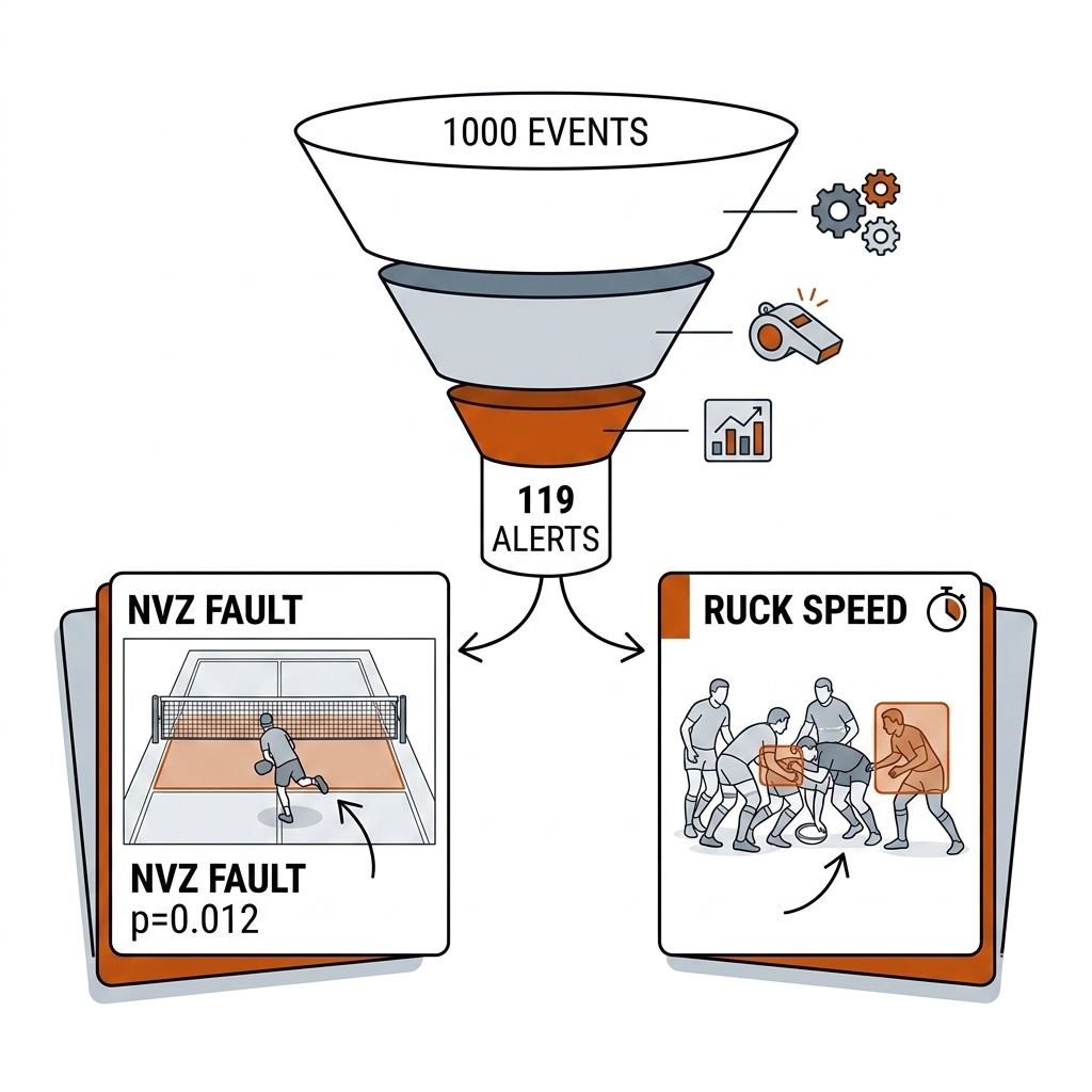 Funnel from 1000 raw events to 119 surfaced alerts, pickleball NVZ foot fault and rugby ruck alert cards, p below 0.05.