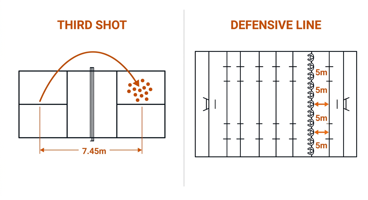 Split panel: pickleball third-shot landing depth distribution with 7.45m marker, rugby defensive line spacing diagram at 5m.