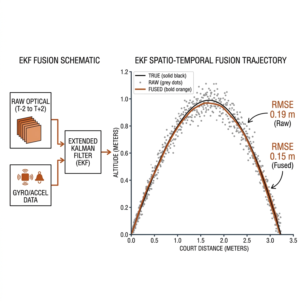 Trajectory plot with true path, scattered raw optical points, and smooth EKF fused line, RMSE labels 0.19 to 0.15.