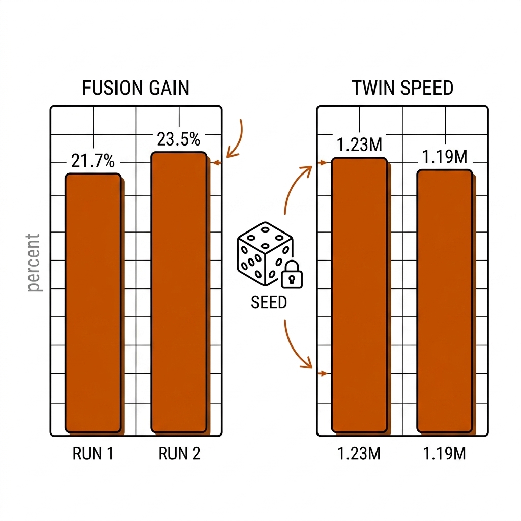 Paired bar charts for run one versus run two of fusion error reduction and twin throughput, with a seed dice icon and a lock.
