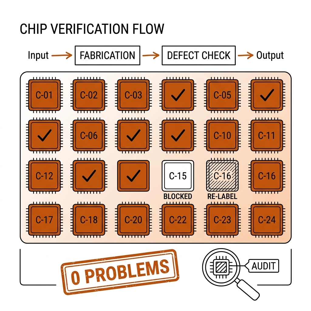 Twenty four claim chips C-01 to C-24 feeding an audit checkmark, with OK, drift, and blocked verdict stamps.