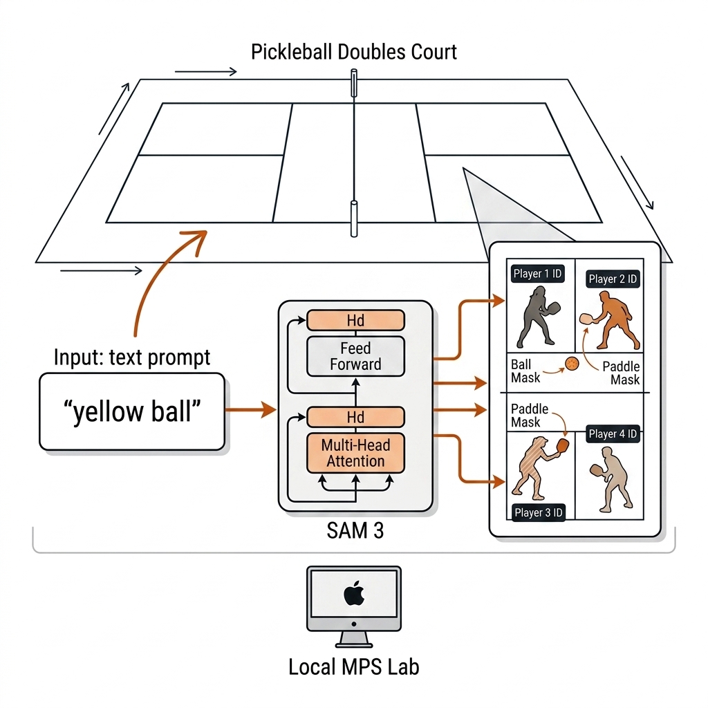 Text prompt feeding SAM 3 to segment ball, paddles, and players on a pickleball court, run on the local MPS lab.